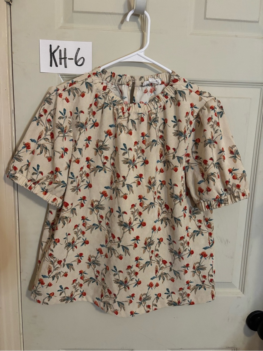 THML Cream Floral Short Sleeve Peasant Blouse with Red Accents